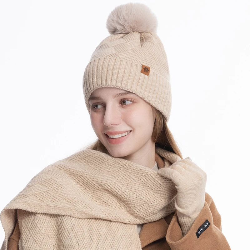 Wool Hat Scarf Glove Sets for Women Autumn Winter Warm Double-Layer Knitted Pompom Hats Outdoor Windproof Ear Protection Beanies