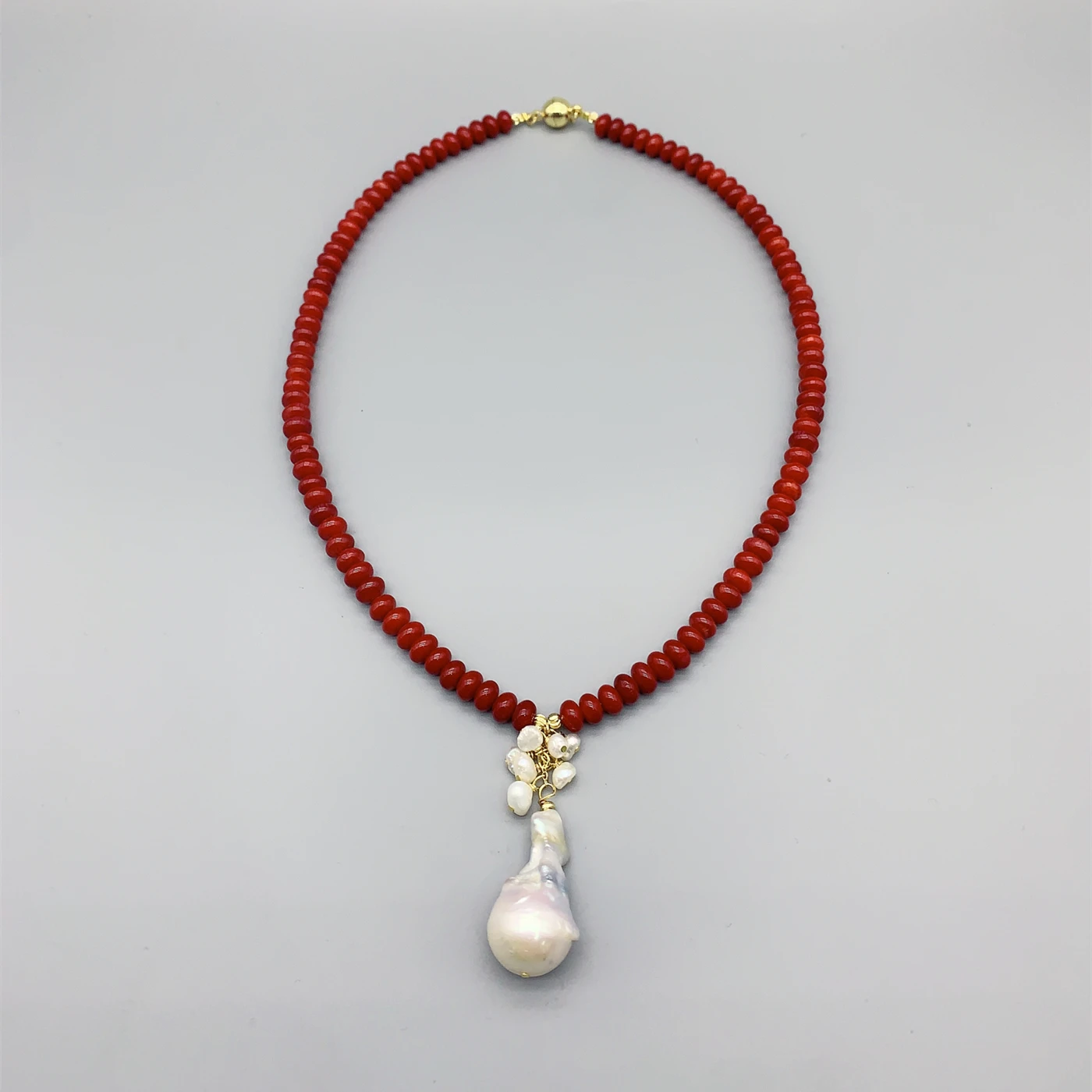 FoLisaUnique Red Coral Stone White Freshwater Baroque Pearl Pendant Necklace For Women Trendy