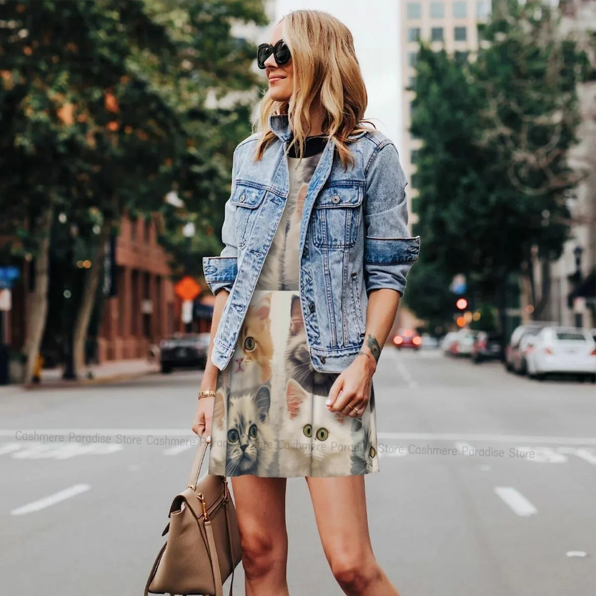 Women's Dress Funny Cat's Heads Summer Casual T Shirt Dresses Beach Cover up Tank Dress