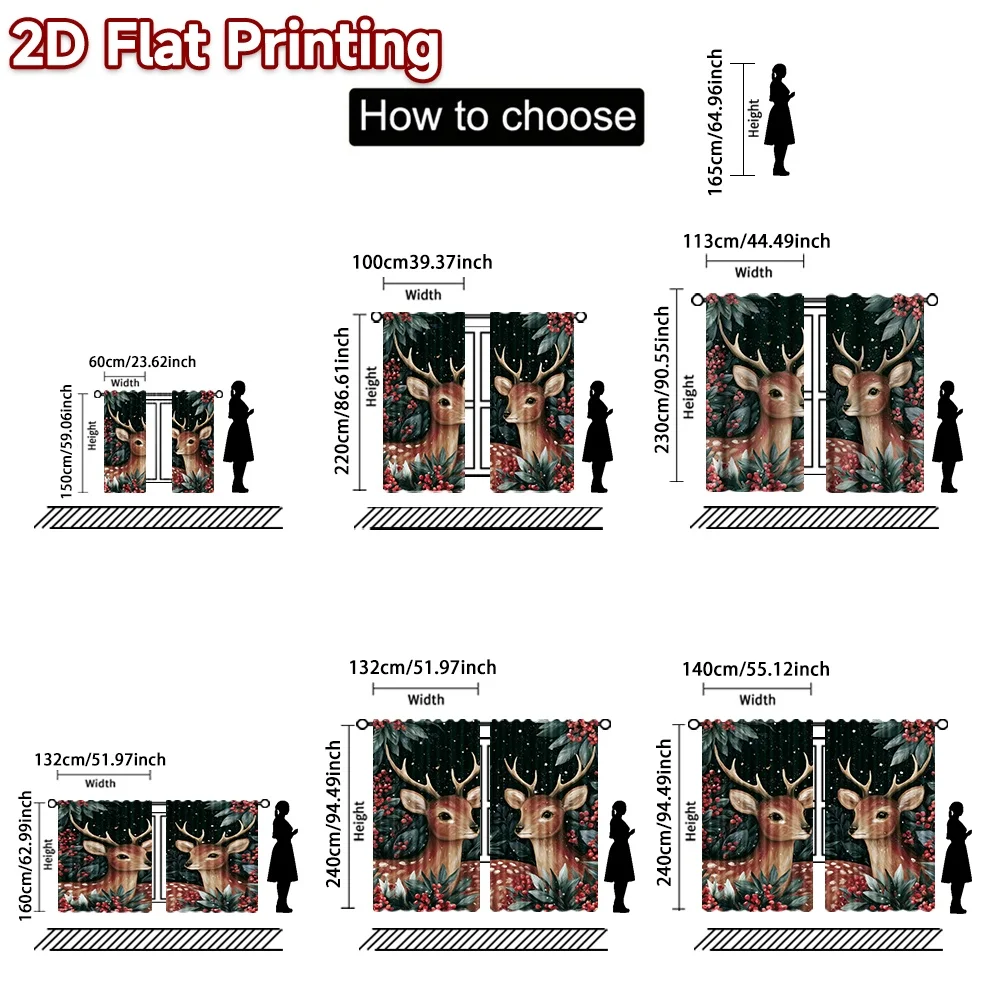 2D flat printing 2pcs Christmas Curtains Christmas Deer and Berries Digitally printed polyester, colorfast Party & Holiday Decor