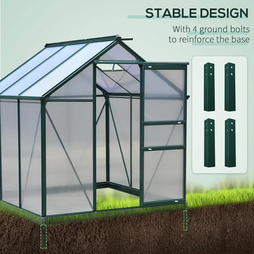 6' X 6' Greenhouse, Polycarbonate Greenhouses with Rain Gutter and Roof Vent, Aluminum Walk-in Green Houses, Greenhouse