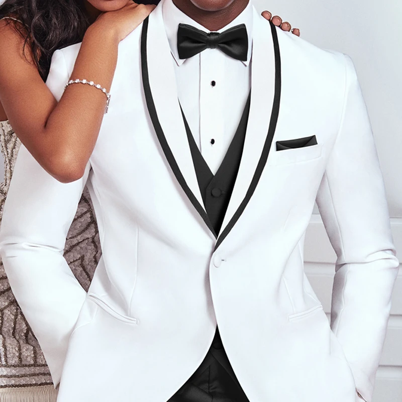 White and Black Wedding Tuxedo for Groom 3 Piece Slim Fit Men Suits Male Fashion Costume Jacket with Pants Vest