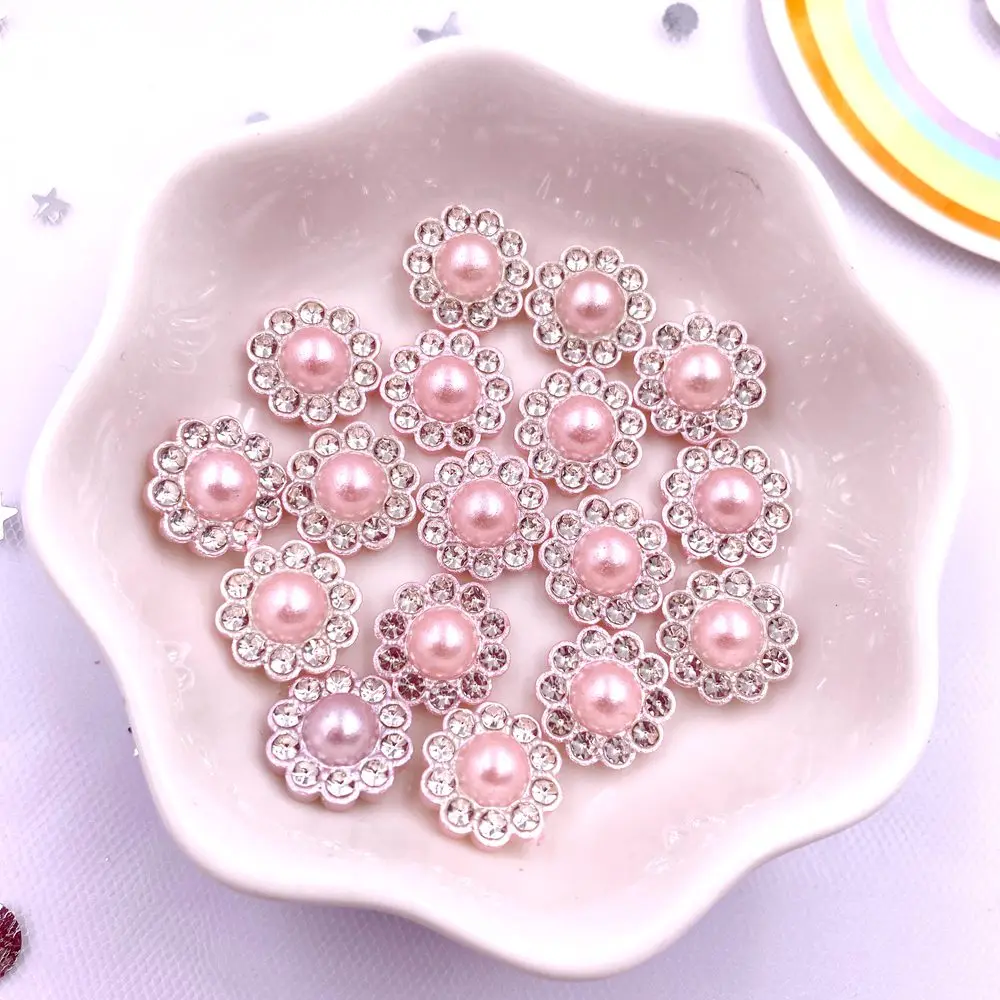 50pcs 12mm Resin Flower Round Pearl  Flatback Crystals Nail Rhinestone Buttons Appliques Wedding DIY Scrapbook Craft Accessories