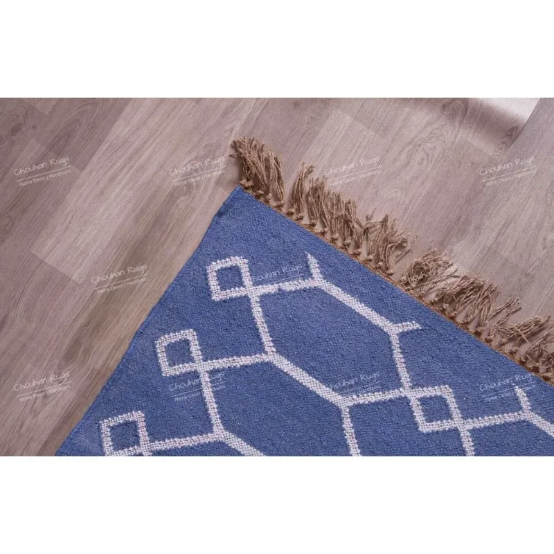 Vintage Turkish Hand-Woven Kilim Flat Weave Area Rug Blue Rug with White Design