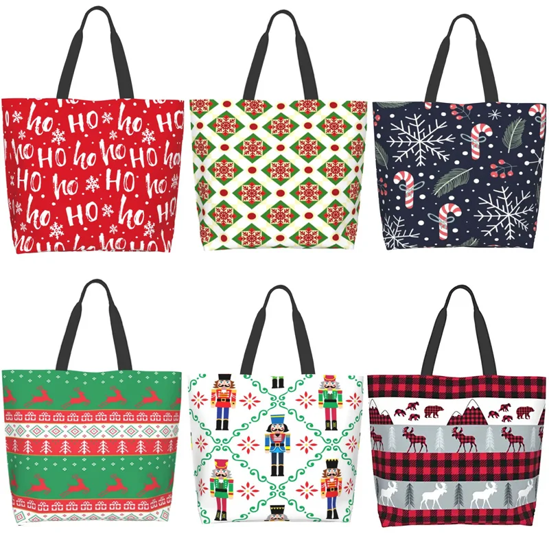 Christmas Santa Claus Deer Winter Snowflake Ho Red White Shoulder Tote Bag Handle Bag Reusable Shopping Bags for Women Girls