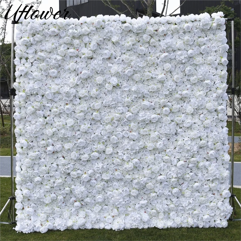 

Uflower Luxury 3D White Flower Wall Burgundry Artificial Rose Fabric Floral Outdoor Party Wedding Backdrop Decor Window Display