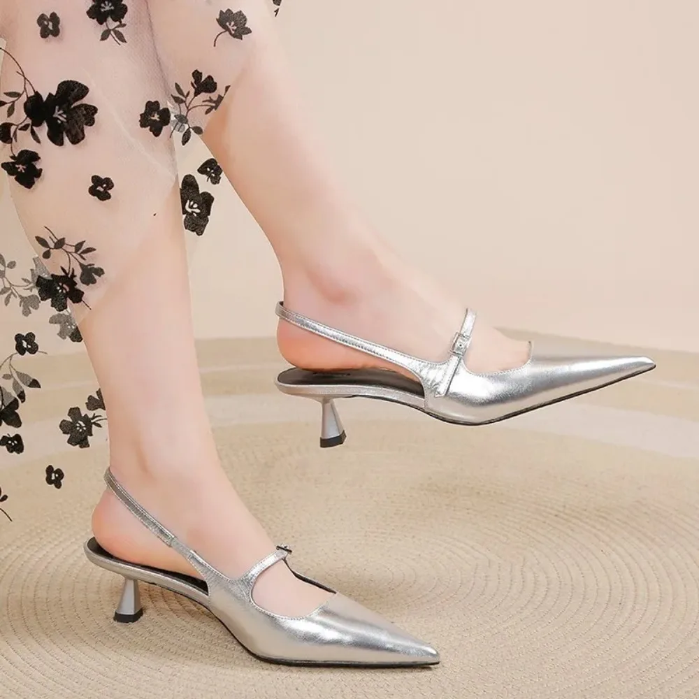 

Shoes for Women 2024 New Pointed Toe Women's Slingback Sandals Simple and Elegant Dress Shoes High Quality Silver Heels Women