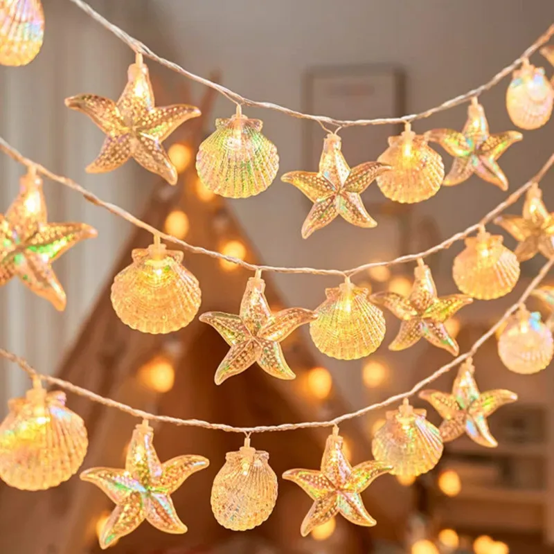 Seestern- und Muschel-Lichterketten-Dekorationen, Weihnachtsschmuck für Strandthemen-Schlafzimmer, Party-Dekoration, Hängelampe für den Innenbereich