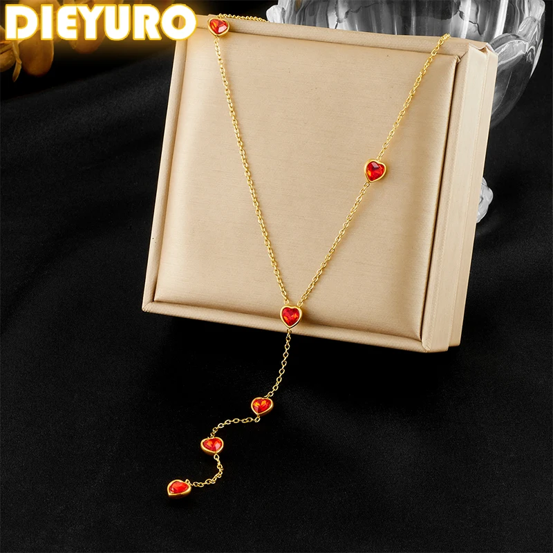 

DIEYURO нержавеющая сталь 316L красочный циркон в форме сердца длинная цепочка с бахромой ожерелье для женщин модные украшения на шею подарок Joyas