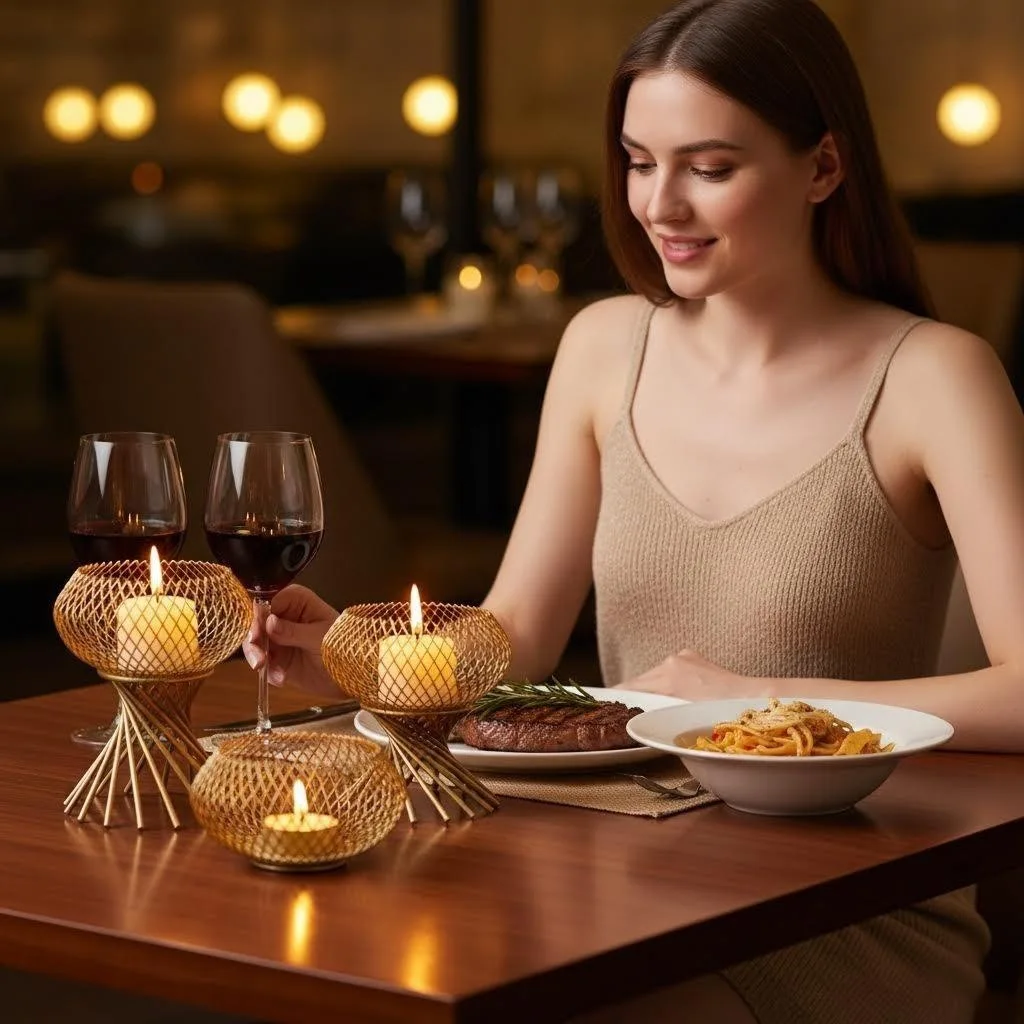 Golden Wire Mesh Lantern Candle Holder Set Hollow Diamond Grid Metal Candle Decor for Dining Table