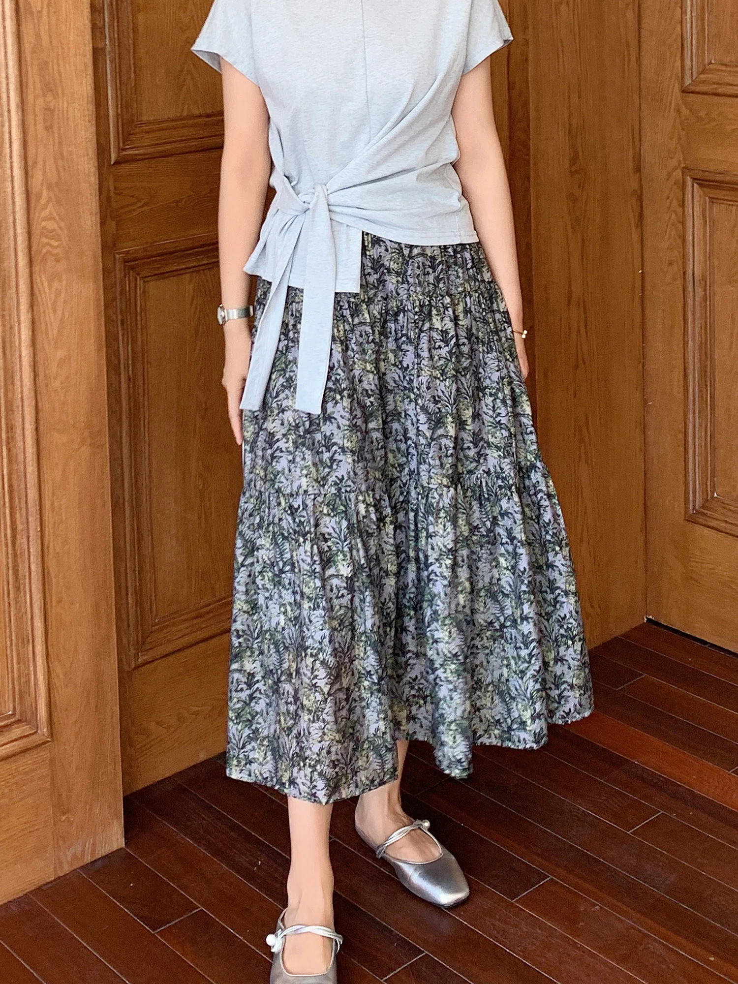 

Zillal Summer Floral Print Skirt Elastic Waist Slimming A-Line Skirt Soft Deep Blue Commute Friendly Ladies' Faion
