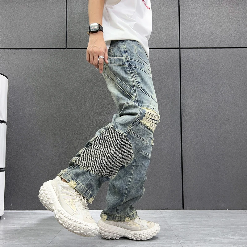 Personalized fashion 3D printing pattern Street beat high-end retro hole men's jeans openwork zipper casual pants wide-legged