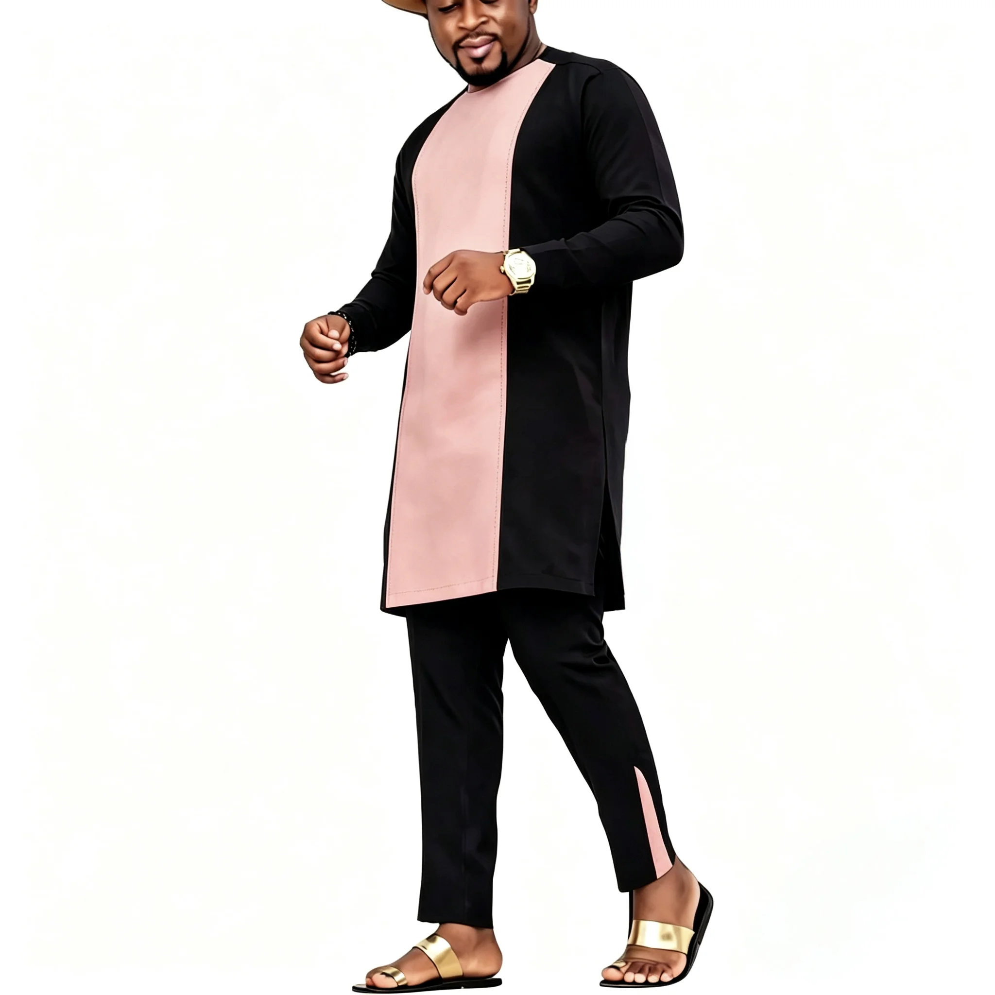 Original Design African Clothes Retro Style Black Men's Sets Patchwork Suit Tops+Pant Nigerian Fashion Part Wear Tailored