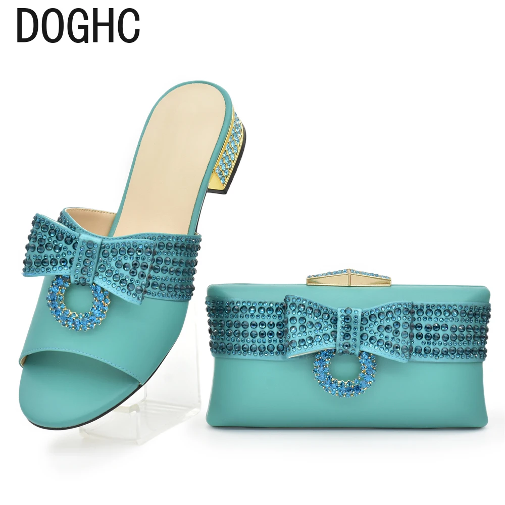 

New Italian Ladies Shoes and Bags To Match Set Decorated with Rhinestone Slingbacks Low (1cm-3cm) Luxury Shoes Women Designers