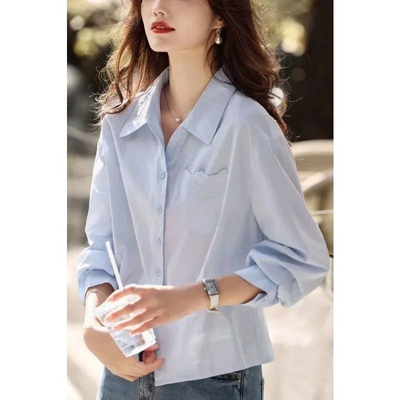 

Women Minimalist Elegant Rose Embroidered Pocket Long Sleeve Casual Versatile Shirt Top