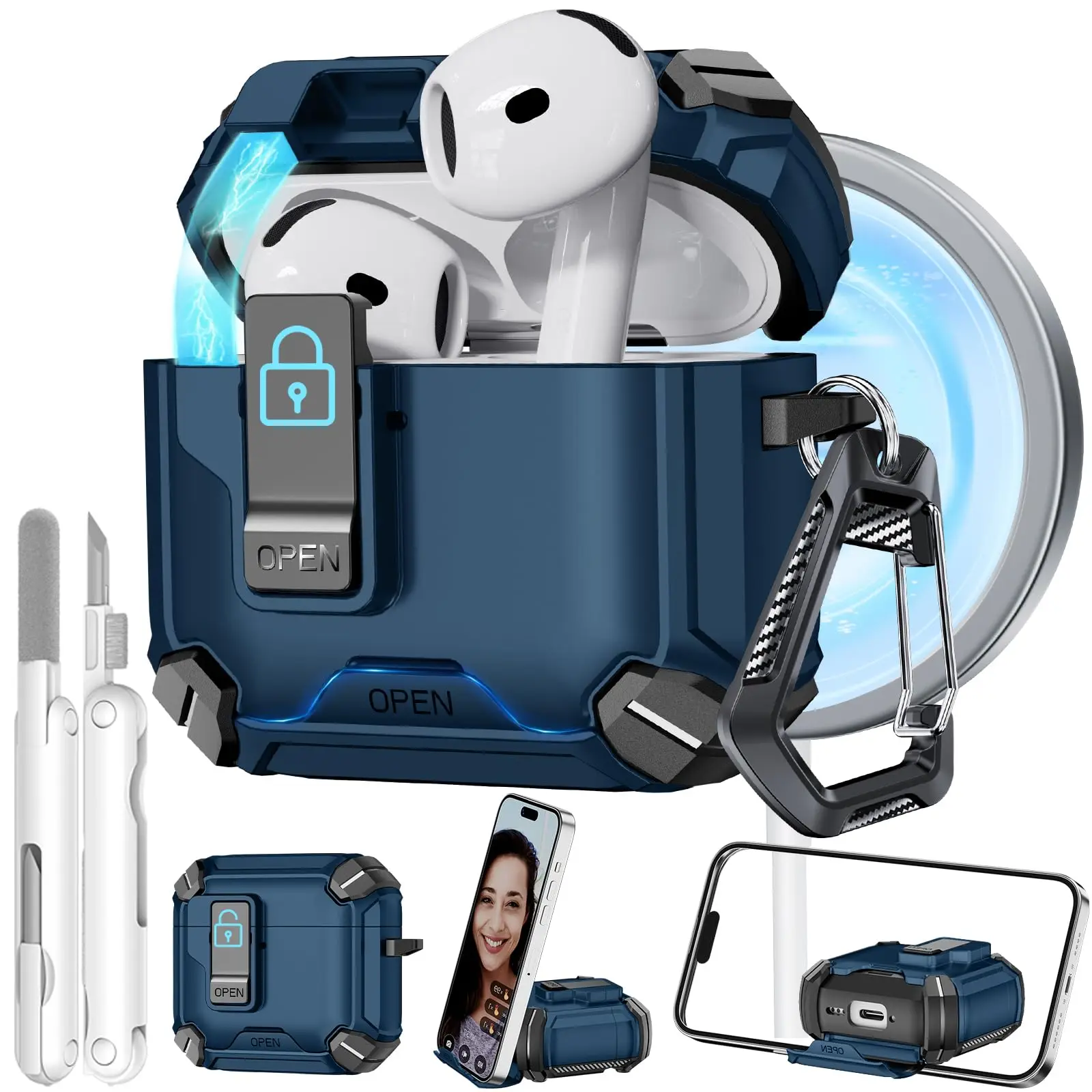 AirPods 4 世代ケース Magsafe 磁気自動ロック付き電話スタンド & クリーニングキット Airpods 4 充電カバー