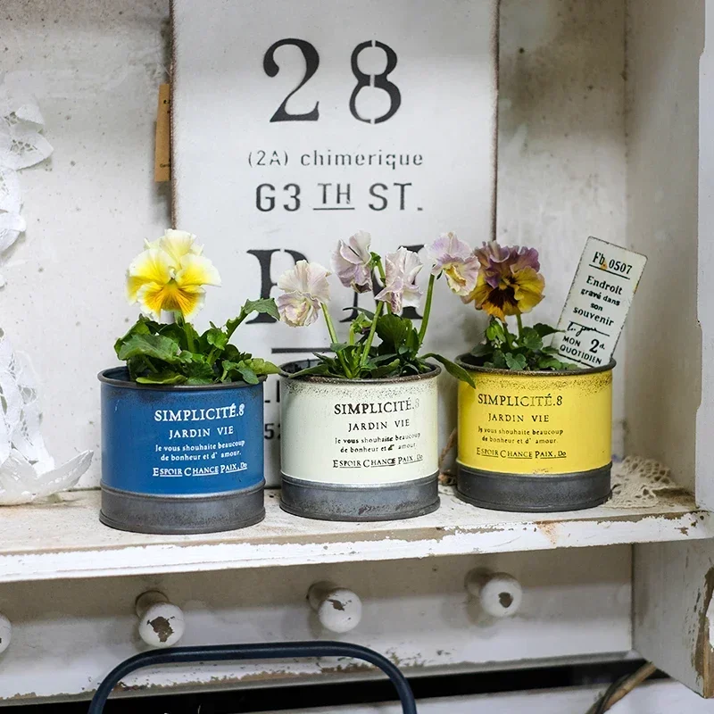 Small Size Round Bucket Flower Pot Metal Iron Art Yellow Blue Retro Style Plant Vase Home Furnishing Garden Courtyard Decorate