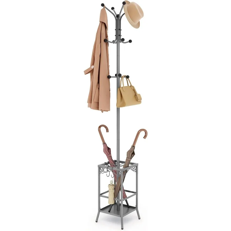 Coat Tree with Umbrella Holder, Metal Coat Rack Stand with 12 Hooks,    Hat Rack Stand for Home Office, Gray