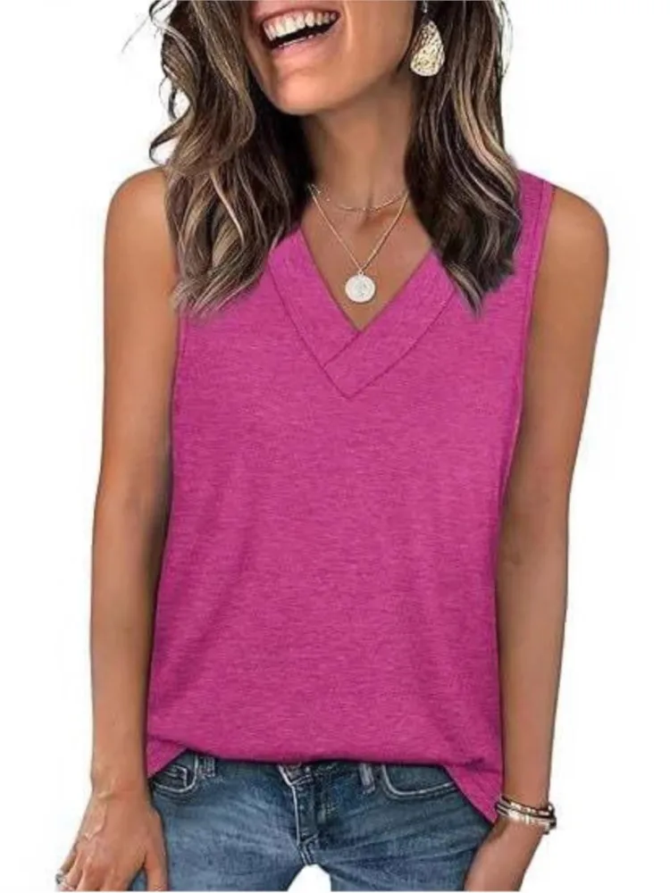 

Casual Comfort Versatile Vest Top For Woman Summer Fashion V-neck Loose Sleeveless Shirt Ladies Simple Style Solid Color Blouses