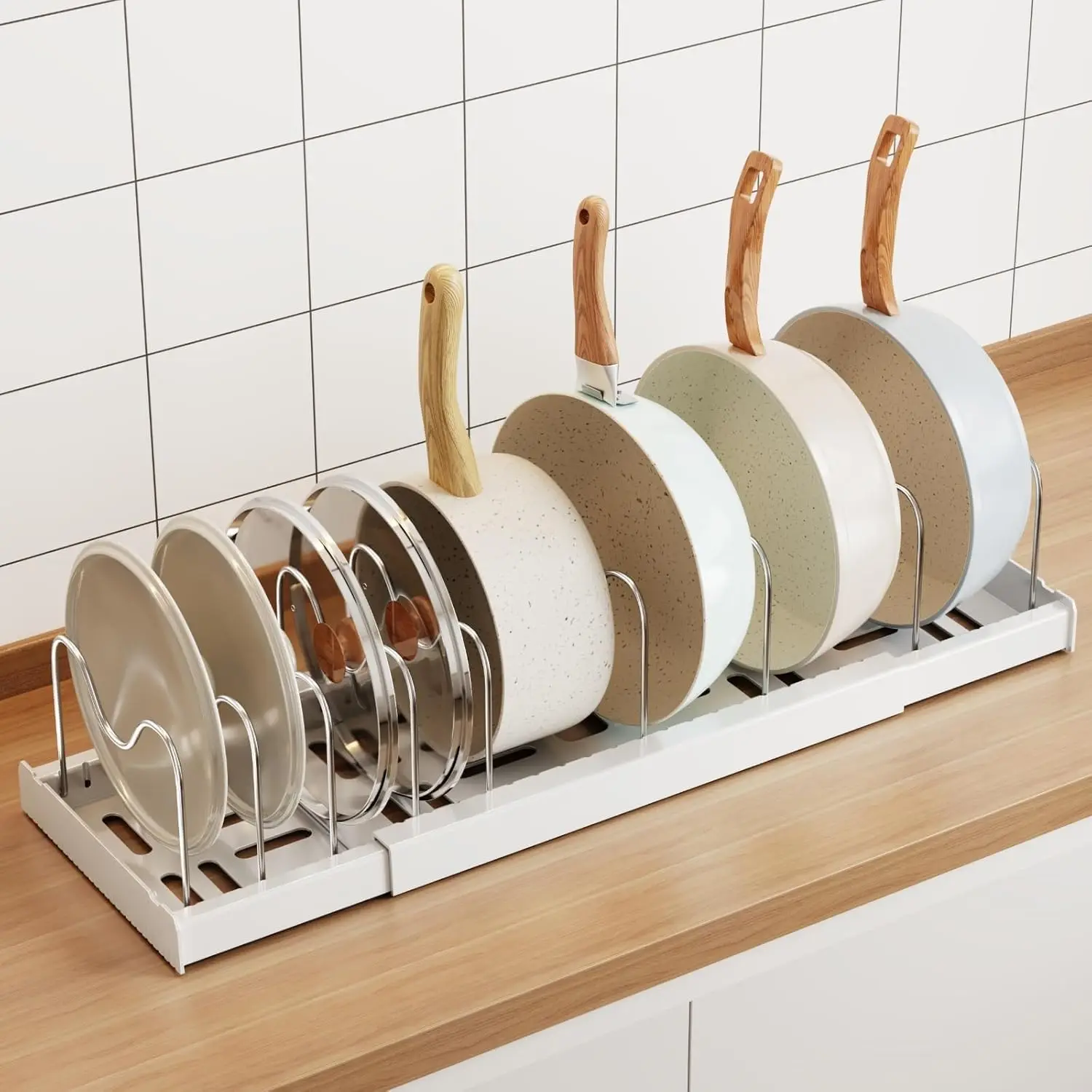 Expandable Pot Pan Lid Organizer Under Cabinet 22Inch 9 Adjustable Dividers Lid Holder For Cabinet Countertop 1Pack White