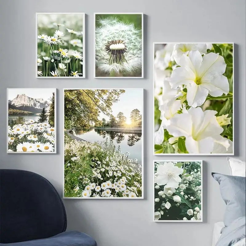 Landscape Daisies Fresh Flower Canvas Painting  Wild Flowers Field Wall Art Pictures  Dandelion Poster and Prints for Bedroom  H