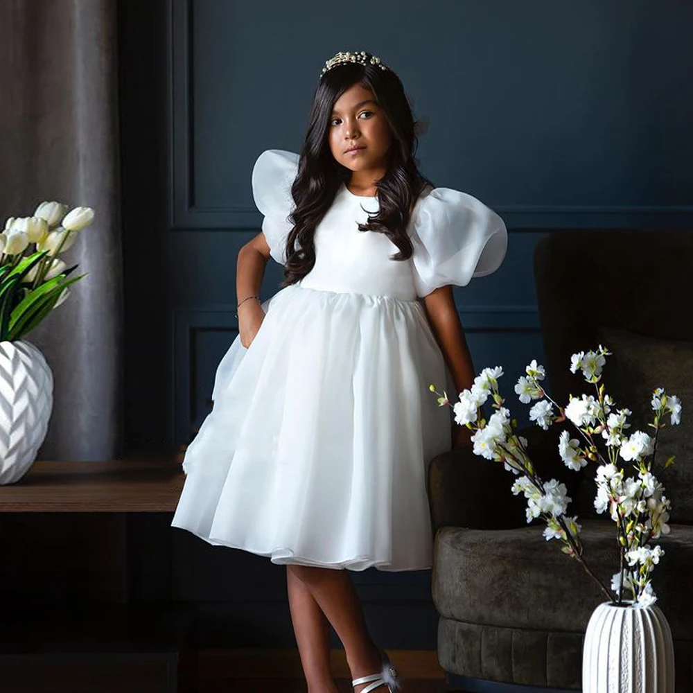 

Yipeisha Kids White Flower Girl Dress O Neck Short Sleeves Princess Party Dresses Modern Organza First Communion Gown