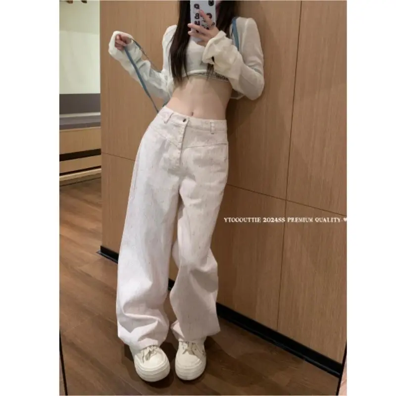 Japanese Style Summer New Jeans Women's High Waisted Button Embroidered Bow Pockets Printed Loose Straight Street Wide Leg Pants