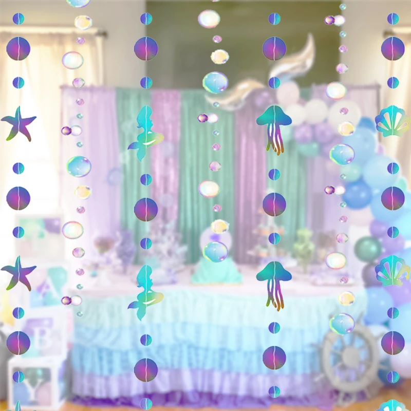 Iridescent Mermaid Banner Jellyfish Seashell Starfish Holographic Garland Decor Under The Sea Birthday Party Hanging Decorations