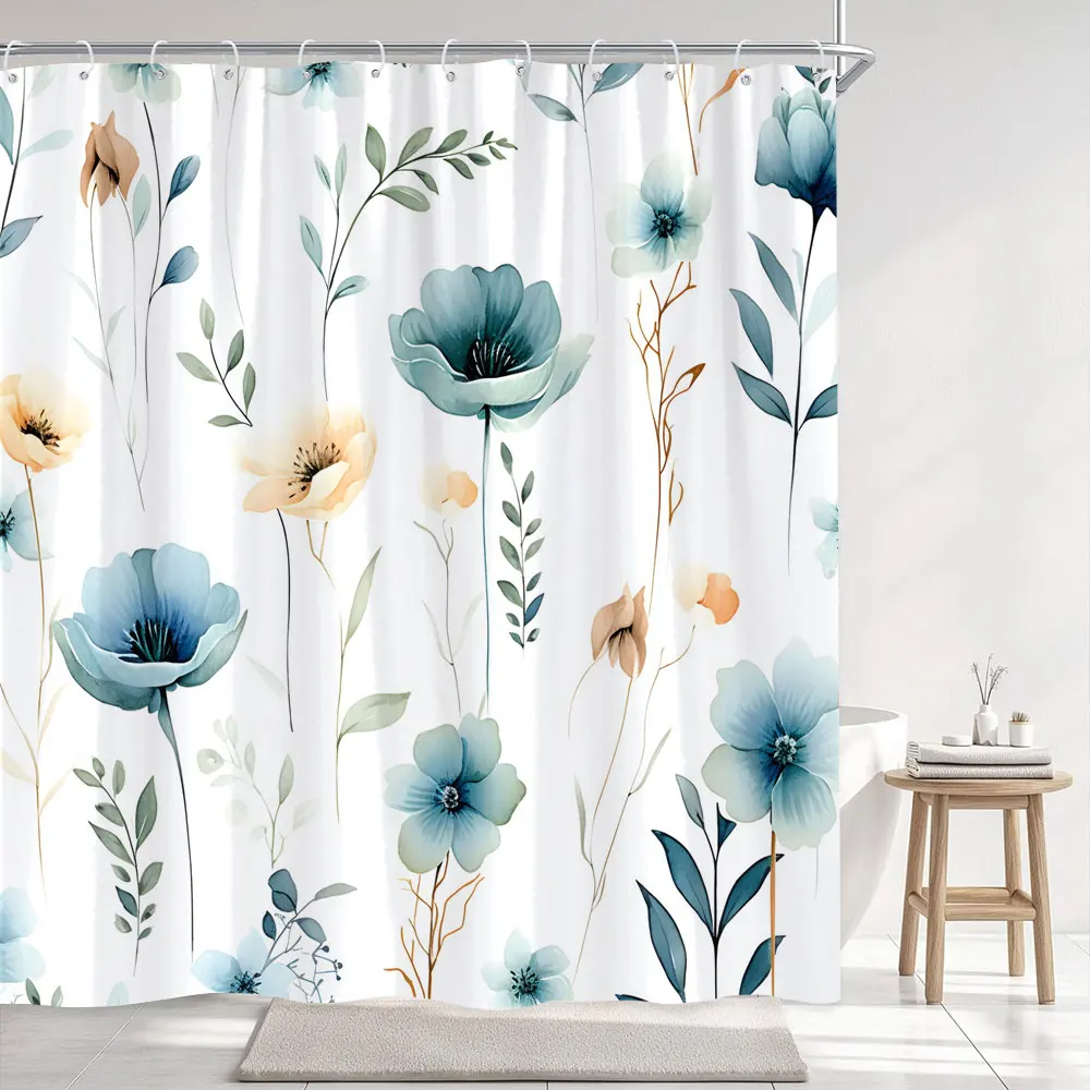 Simple Watercolour Floral Shower Curtain Blue Flower Yellow Grey Botanical Flower Polyester Fabric Shower Curtain Bathroom Decor