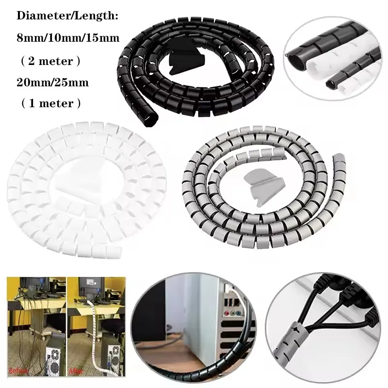 2M/1M Flexible Spiral Cable Wire Protector Cable Organizer Computer Cord Protective Tube Clip Organizer Management Tools 16/10mm
