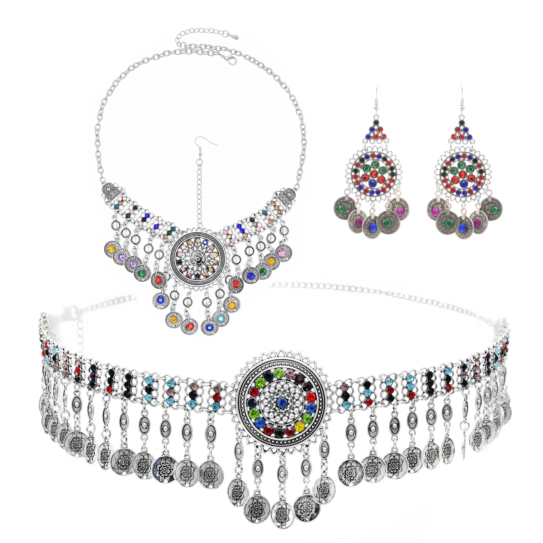 

Gypsy Turkish Coins Waist Belly Chains Headwear Earrings for Women Colorful Crystal Hair Clips Boho Afghan India Jewelry Sets