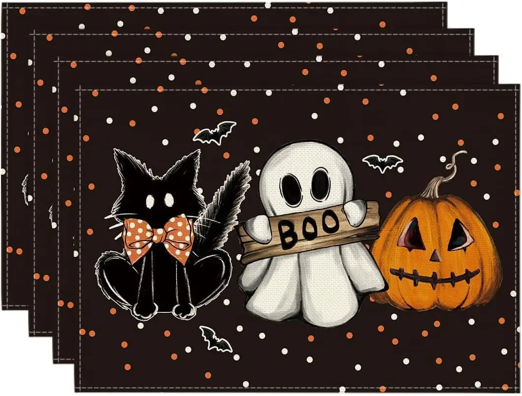 Halloween Placemats Black Polka Dot Background Black Cat Ghost BOO Pumpkin Bat Print Heat‑Resistant Linen Table Mats for Holiday