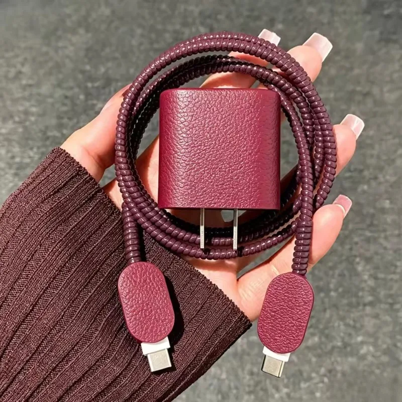 Vintage Wine Red PU Leather Charger Cable Protector Cover for iPhone 17 16 15 14 18W 20W Charger Data Cord Winder Protective