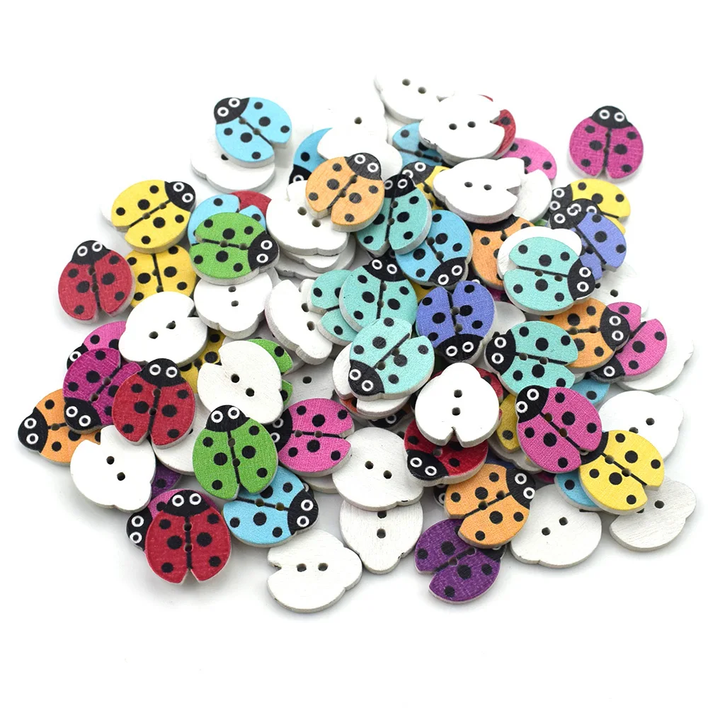 50PCS Mixed Apples Ladybug Buttons Wood 2 Holes Painted Ladybirds Cartoon Button Embellishments Scrapbooking Wooden Buttons