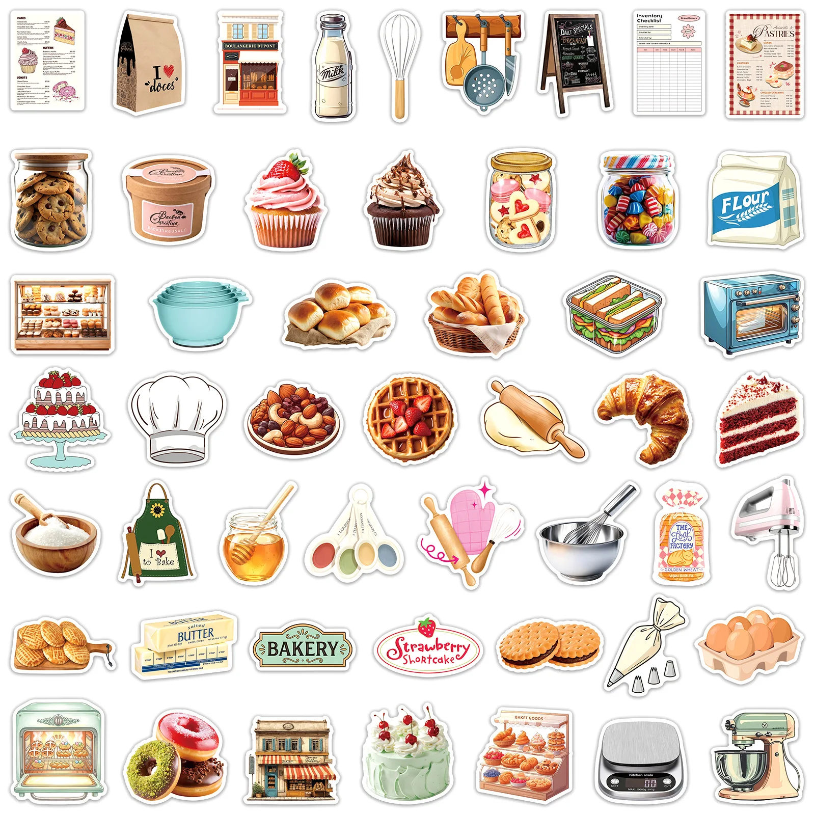 50 Pcs Bakery Food Bread Stickers Waterproof Vinyl Decals for E Bike Luggage Notebook Water Bottle Gift