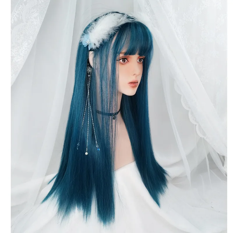 Perücke blau volle Kopfbedeckung langes glattes Haar Lolita-Besatz JK blaugrün zweidimensionale universelle ganze Oberseite