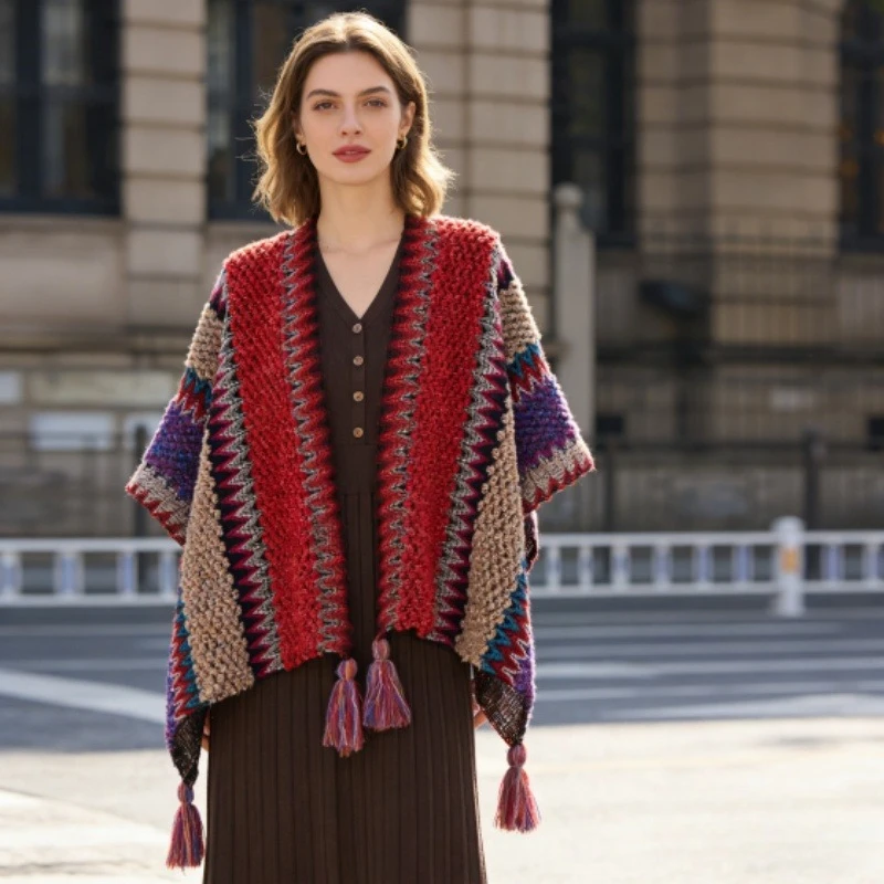 

1 шт., вязаная накидка-пончо в богемном национальном стиле, женская красочная шаль с кисточками, осенне-зимняя теплая верхняя одежда 140x108 см