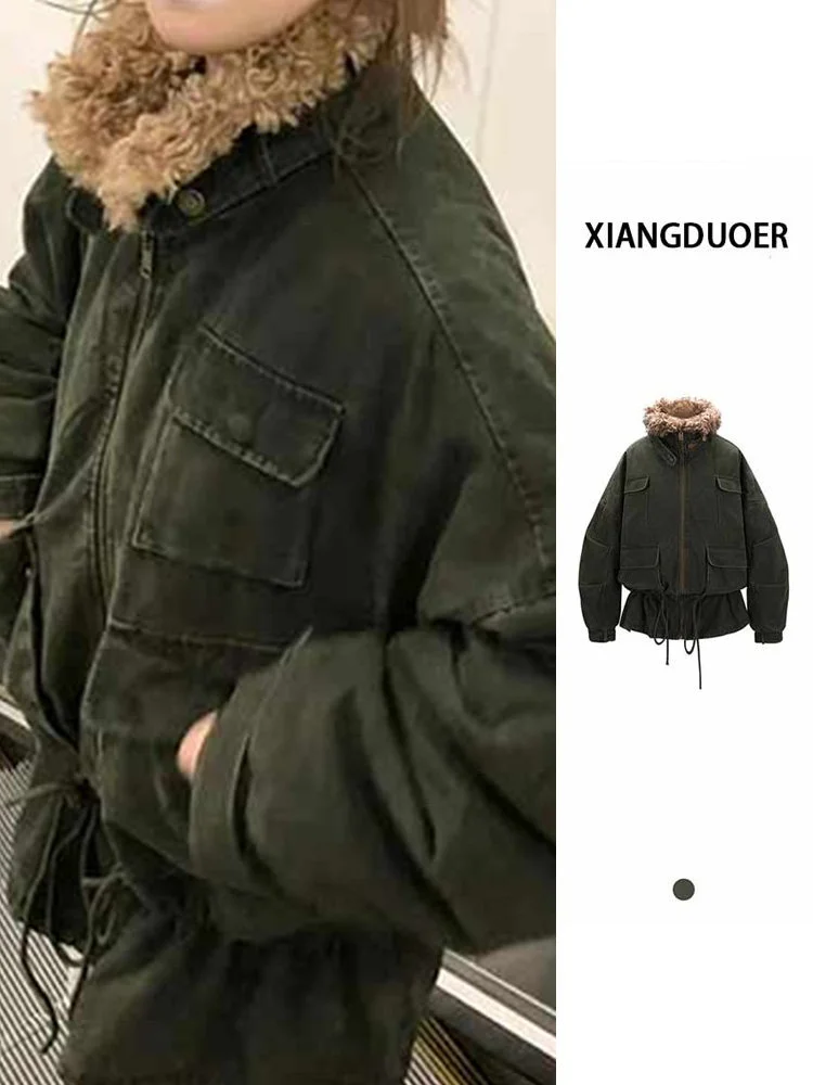 

Спецодежда в стиле ретро, женская хлопковая куртка с завязками на талии, облегающий шаровары, осенне-зимний модный повседневный топ на молнии с капюшоном