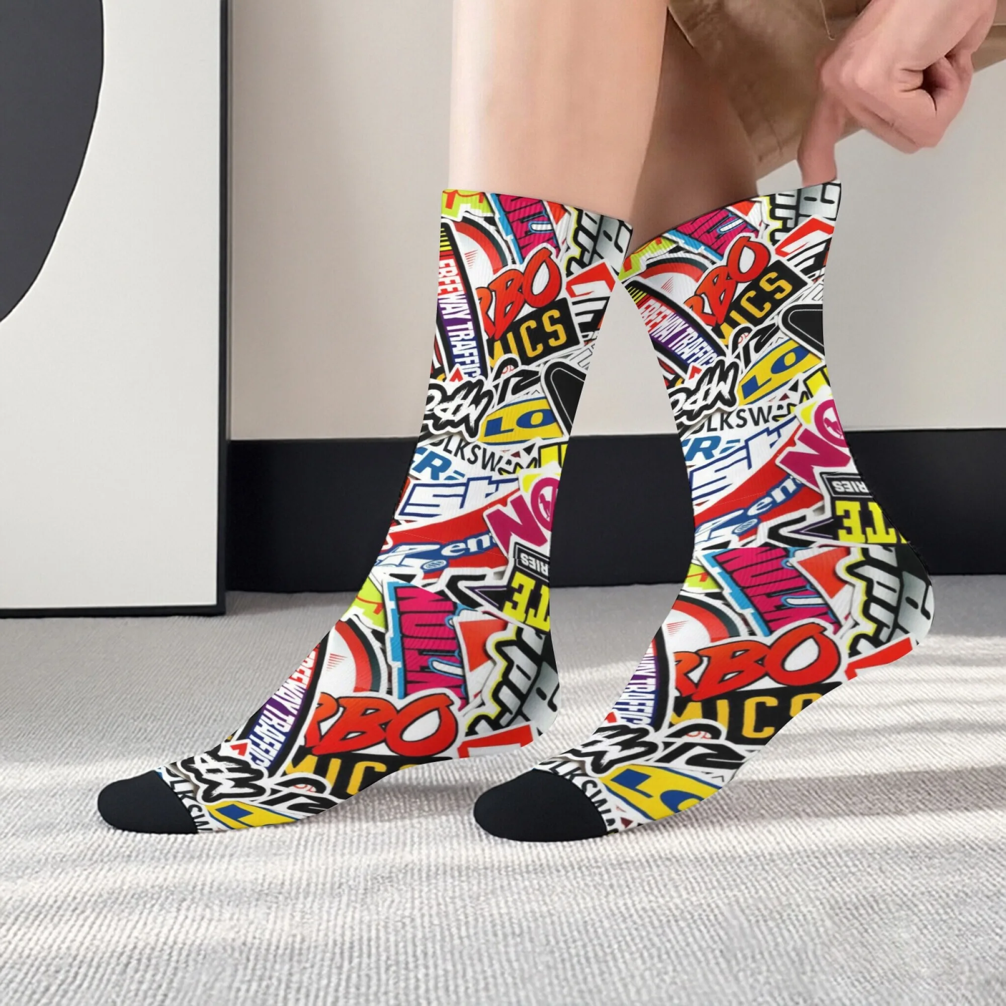 Trendy and Cool Pop Art Style Racing Sticker Print Men's Mid-calf Socks White Car Culture Style Street Racing Driver Socks