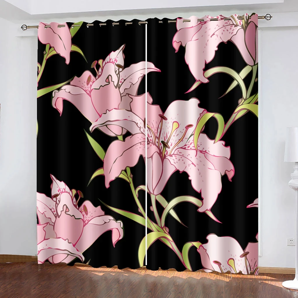 Floral Lily Flower Garden Pink Blackout Window Curtains for Bedroom Living Room Bathroom Kicthen Door High Shading New Pattern