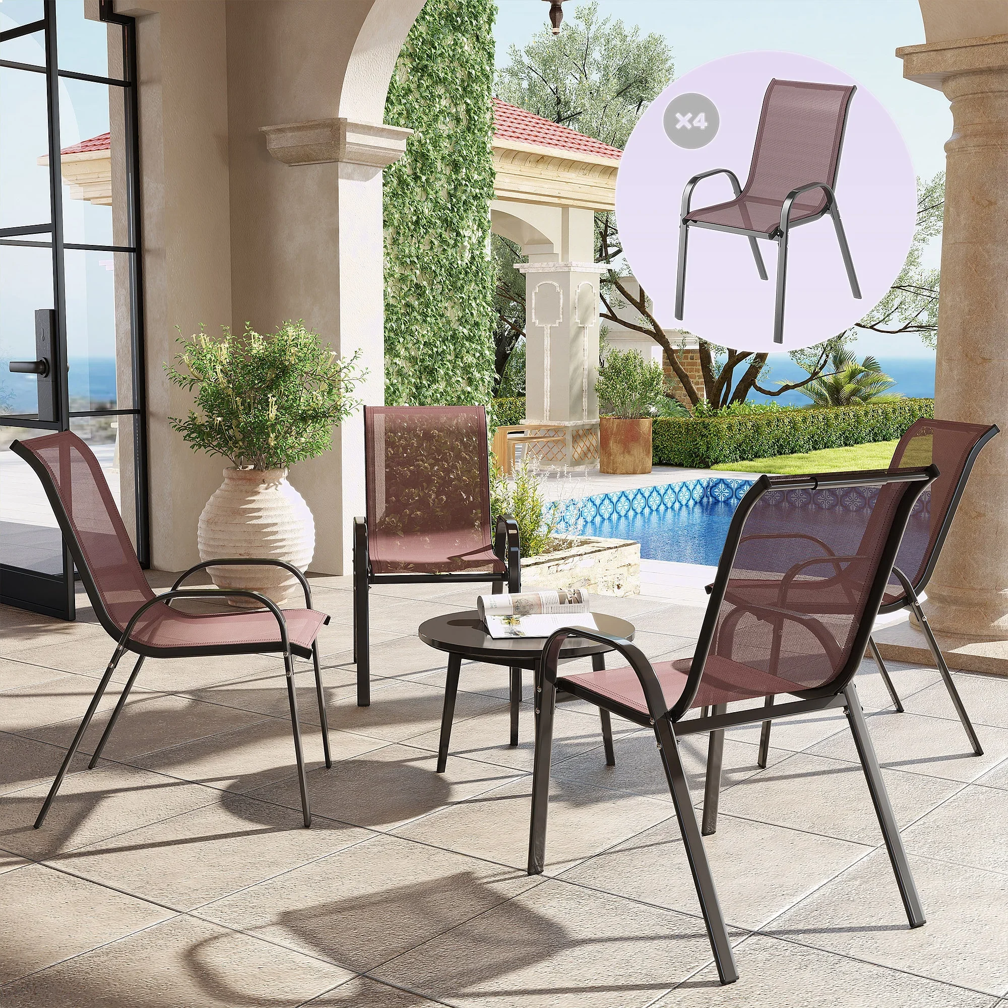 Outsunny 4-Piece Stackable Outdoor Dining Chairs for Patio, Space-Saving