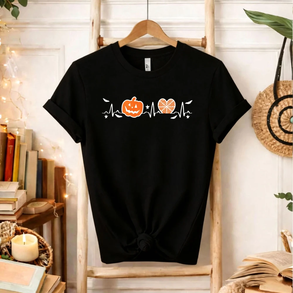 Halloween Heartbeat Pulse Graphic T‑Shirt Jack O Lantern Pumpkin Heart‑Shaped Orange Slice Fun Fall Autumn ECG Line Creative Top