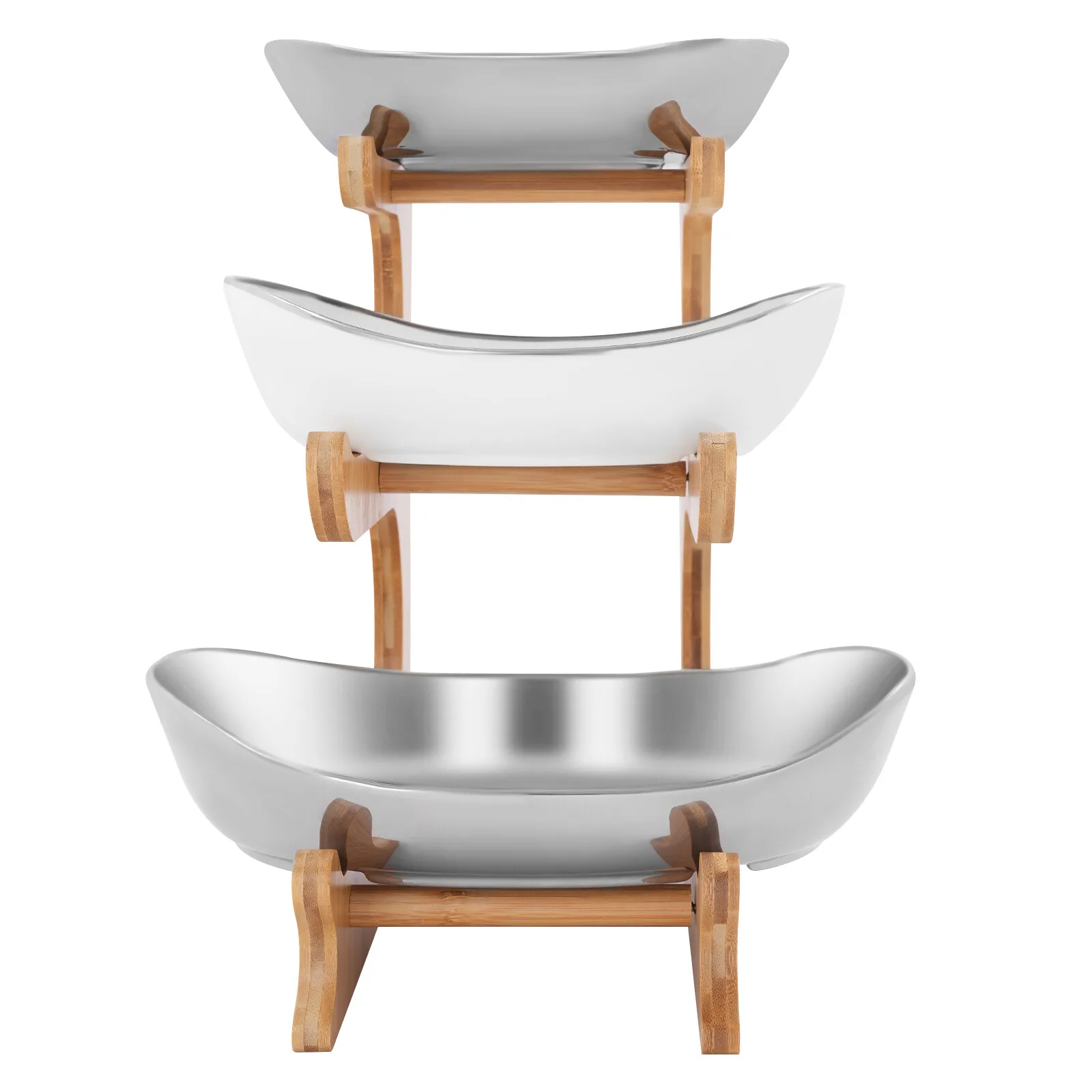 Elegant 3 Tier Ceramic Fruit Bowl Stand with Bamboo Rack