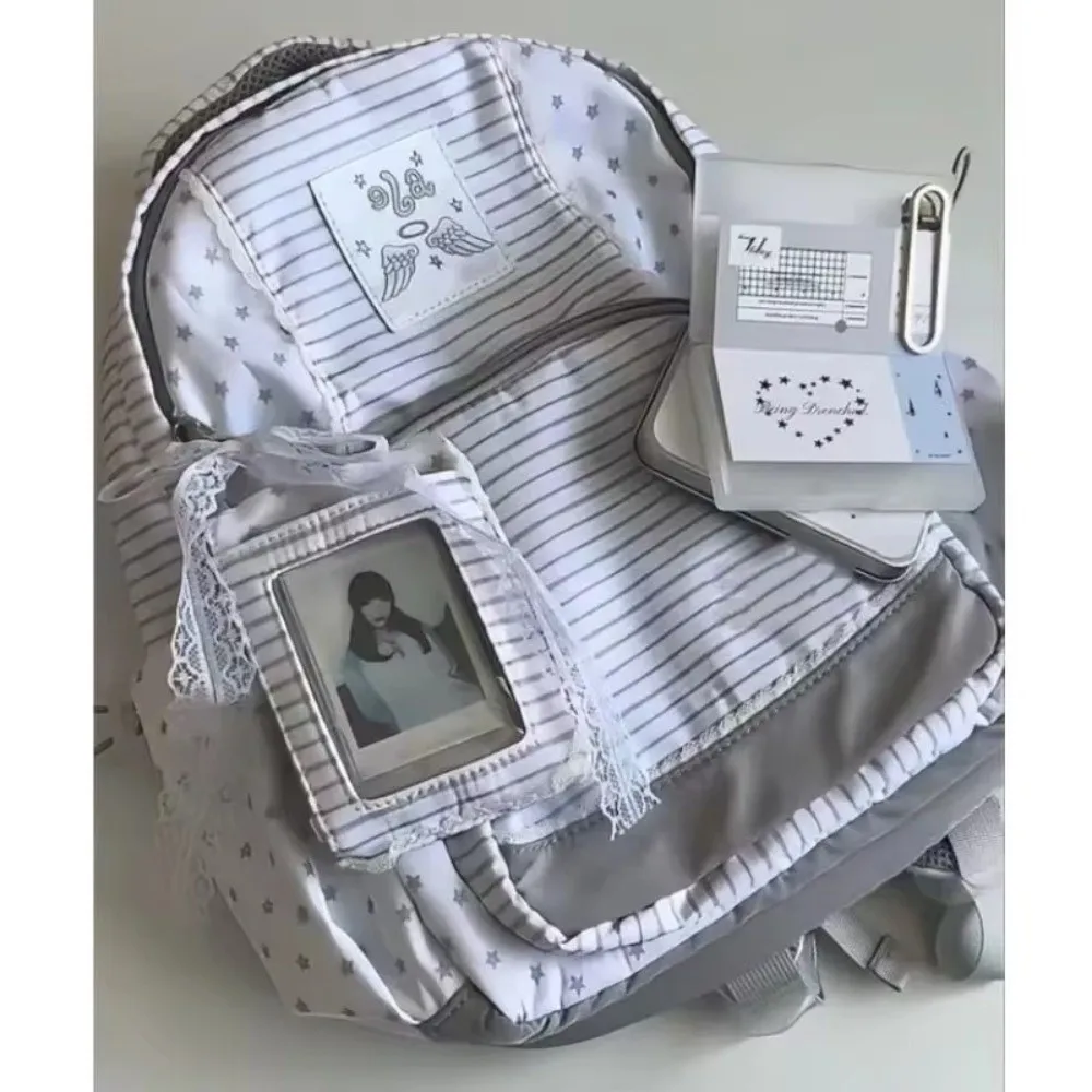 Striped Design Student School Backpack Large Capacity Lightweight Korean Style Bag Star Pattern Multi-Pocket