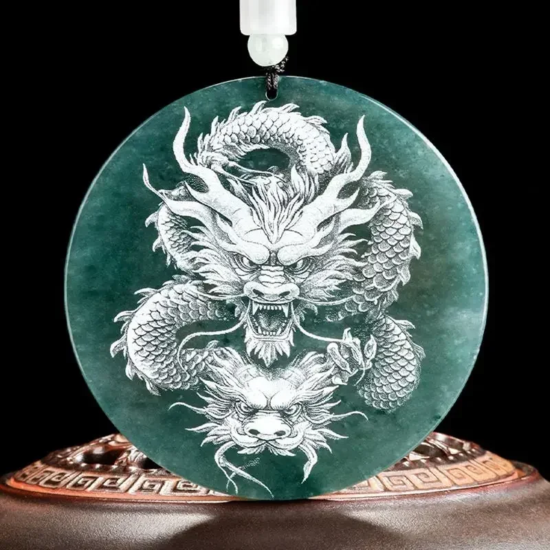 

100%Natural A-grade Jade Pendant Shadow Carving Ice Type Jade Pendant Zodiac Dragon Male and Female Couple Pendant Jade Necklace