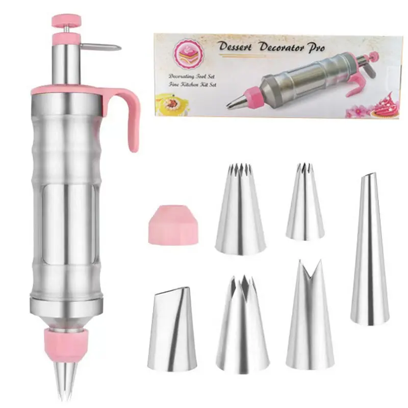 

Multi Functional Butter Gunner Cake Pressing And Decorating Gun,Stainless Steel Cream Piping Set,6flower nozzles,1flower cover