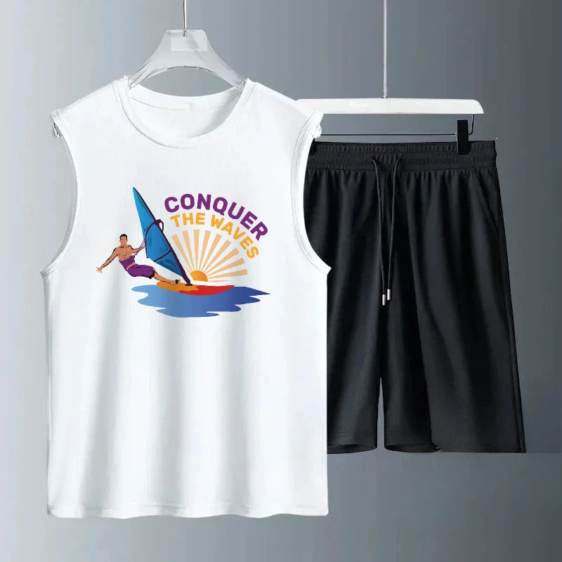 

Лето 2025 г., повседневный мужской комплект без рукавов с принтом веера-русалки, мягкая ткань, свободная посадка, удобная повседневная одежда, мужские спортивные костюмы