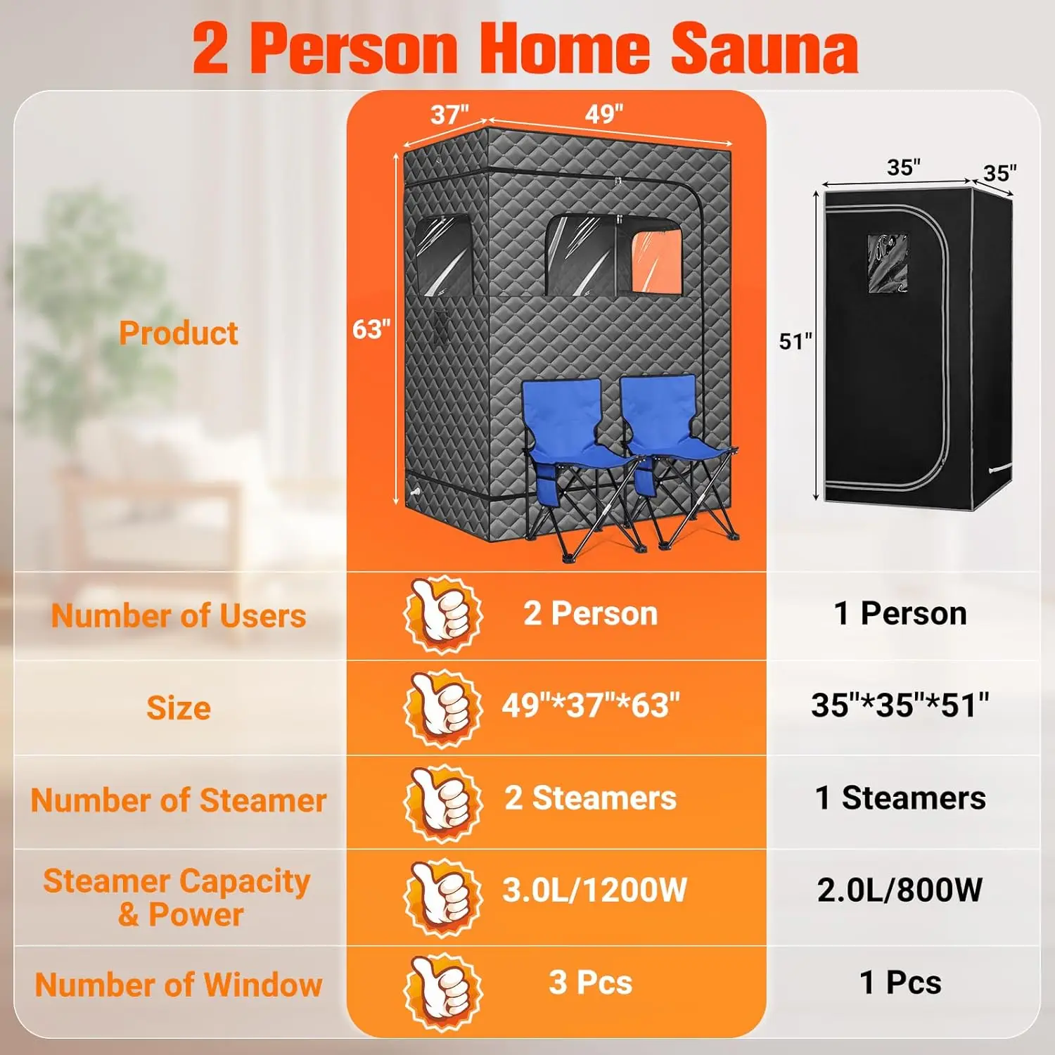 Sauna familiare, sauna a vapore portatile per 1 o 2 persone, 2 macchine sauna 1000W, 2 sedie ad acqua, 9 piani regolabili
