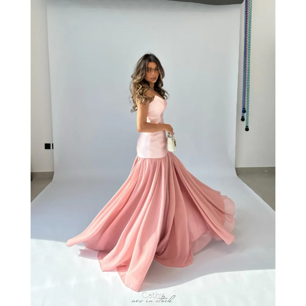 

Cathy Pink A-line Chiffon Satin Wedding Dresses Strapless Sleeveless vestidos de noche Floor-Length Customized Formal Evening