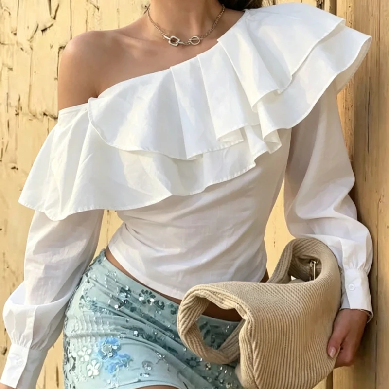 Blouse Off Shoulder - بلوزة نسائية كورية أنيقة بأكمام طويلة،